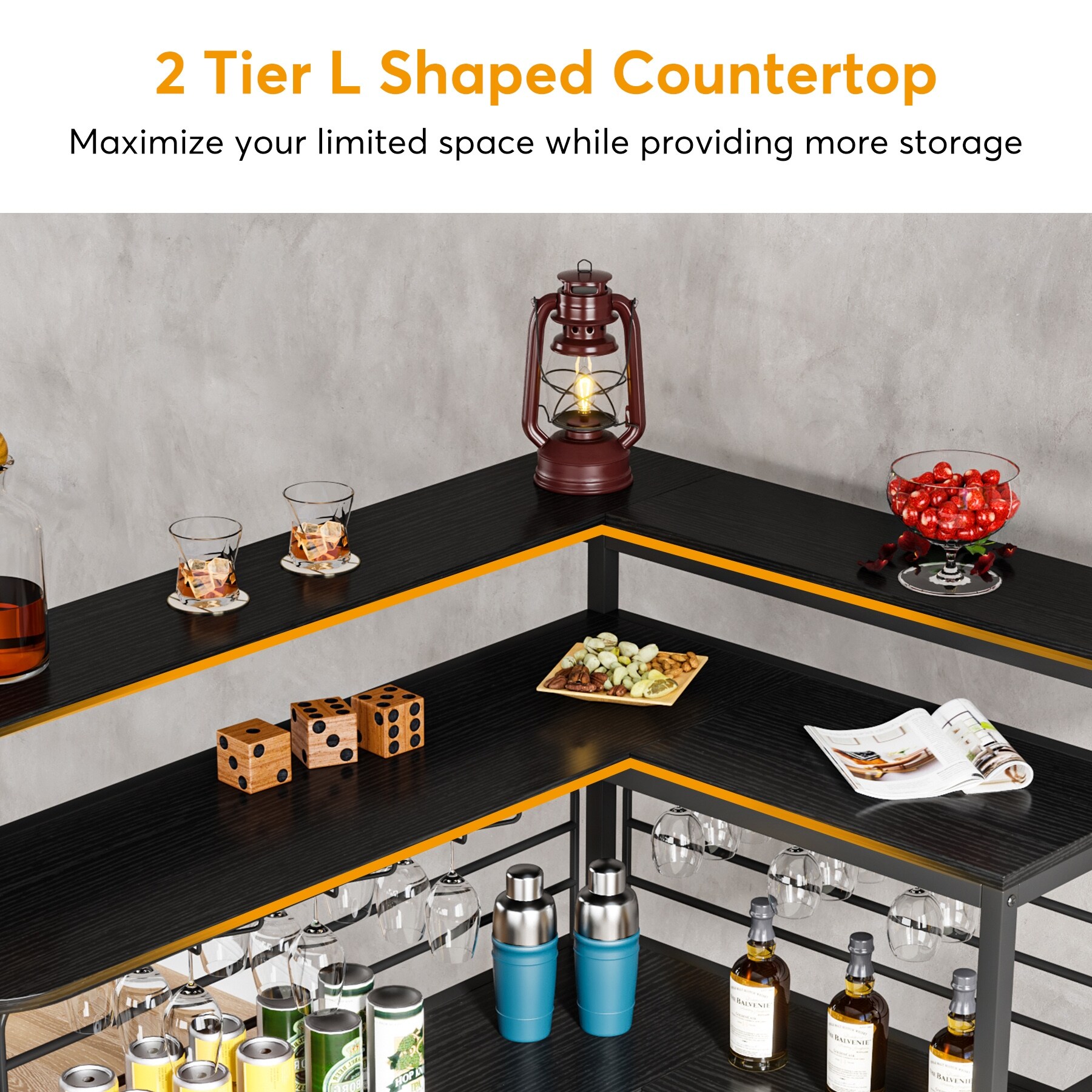 BAR COUNTER TABLE SMBT×NTF Home Bar Unit, 4 Tier L Shaped Liquor Bar Table with Storage