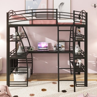 Metal Loft Bed Frame, Under Bed with 4 Layers of Shelves & L-shaped Desk, Desktop with Sockets, USB Ports, Wireless Charging