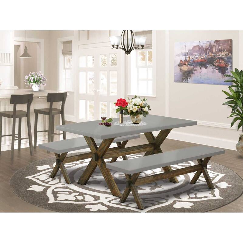 HomeStock 3-Piece Rectangle Distressed Jacobean Finish Solid Wood Top Dining Table with 2-Benches
