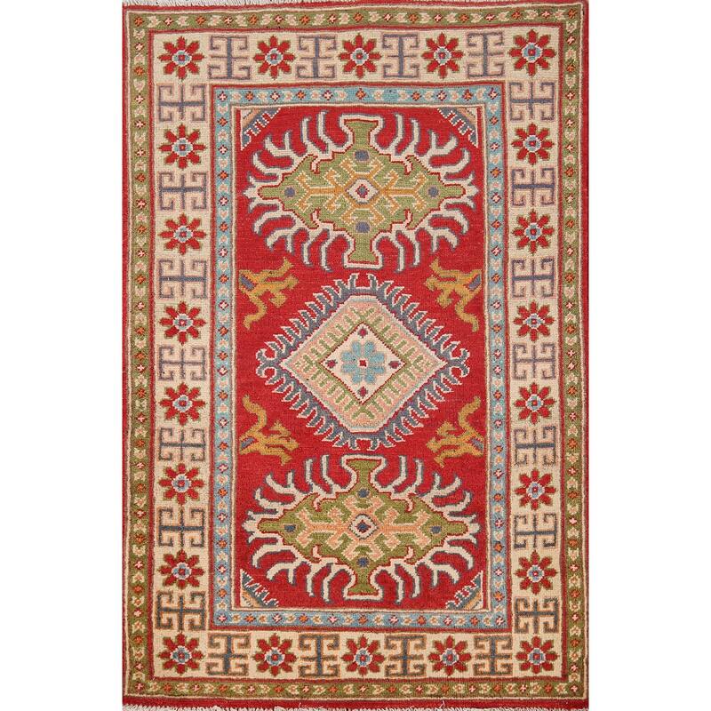 Red Geometric Kazak Foyer Rug Hand-Knotted Oriental Wool Carpet - 2'9" x 4'0"