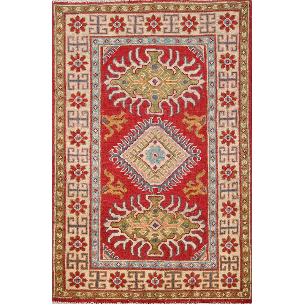 Red Geometric Kazak Foyer Rug Hand-Knotted Oriental Wool Carpet - 2'9" x 4'0"