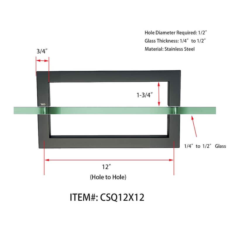 CEL 12" x 12" Square Tubing Back-to-Back Pull Handle / Towel Bar for shower door