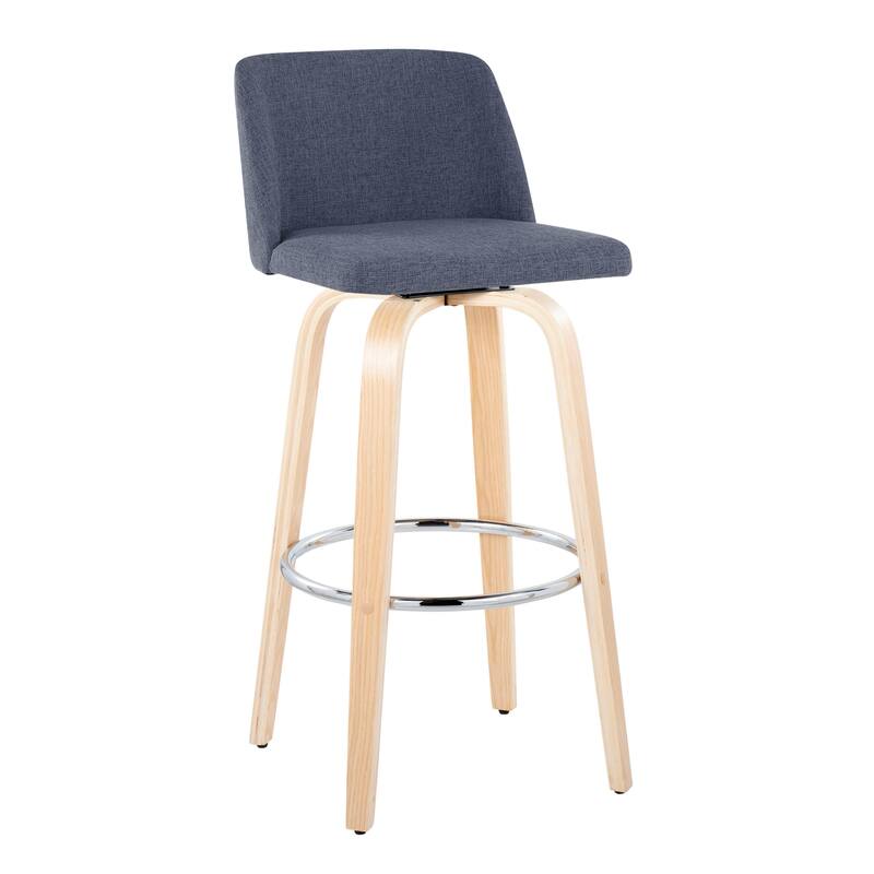 Carson Carrington Vallberga 30" Fixed-Height Bar Stool with Natural Wood Base (Set of 2) - Blue Fabric/Round Chrome Footrest