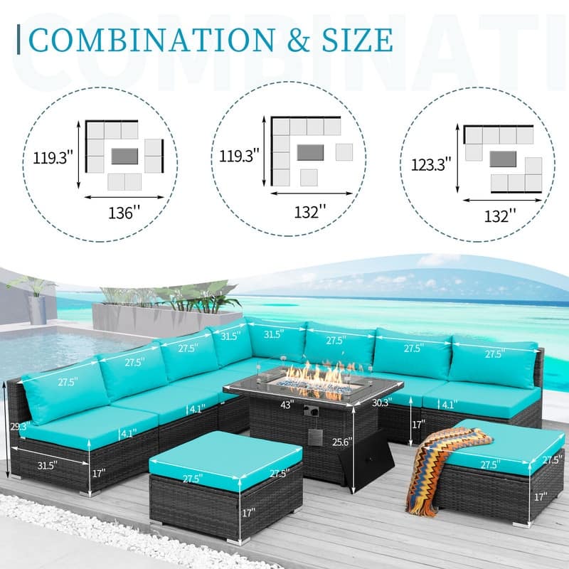FINCATI 10-piece High Back Oversized Patio Furniture Conversation Set Outdoor Sectional Sofa with Fire Pit Table
