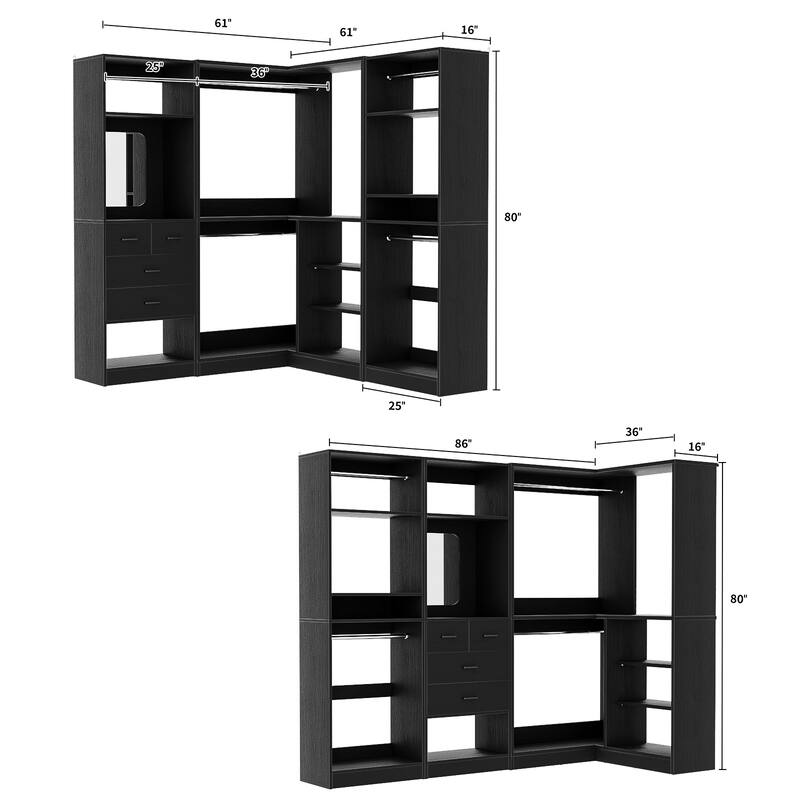 Cimly Set of 3 Corner Closet System with Hanging Rods, Space-saving Closet Organizer with Mirror