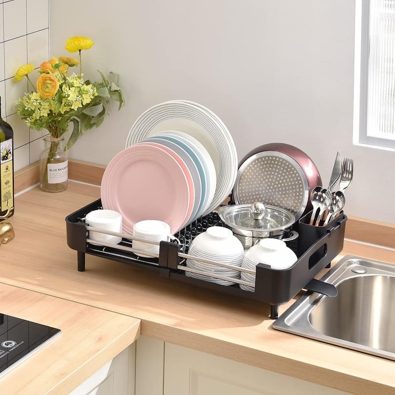 Dish Drying Rack for Kitchen Counter, Extendable Dish Rack with Drainboard