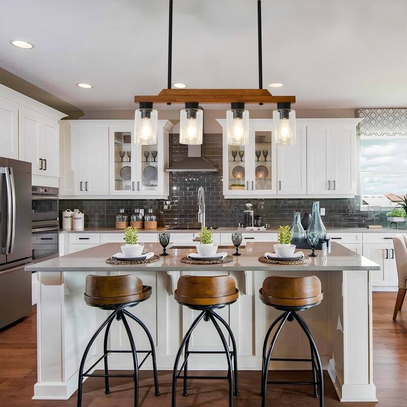 Farmhouse Chandelier for Dining Room Kitchen Island Rustic Wood Linear Pendant Light with Seed Glass Shade