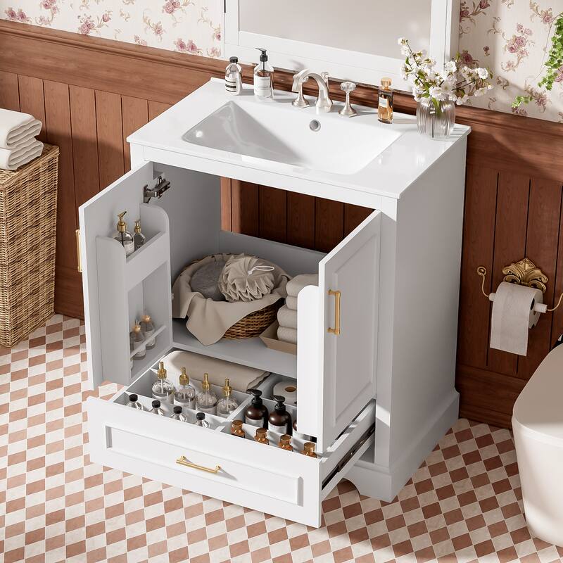 Bathroom Vanity with Ceramic Sink, Freestanding Storage Cabinet with Double Shelf, 1 Divider Drawer & 2 Soft-close Doors