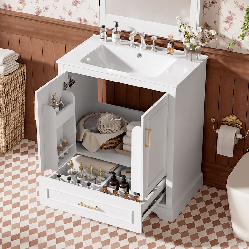 Compact Freestanding Vanity with Integrated Sink - MDF/Solid Wood Construction, Soft-Close Doors & Smart Storage