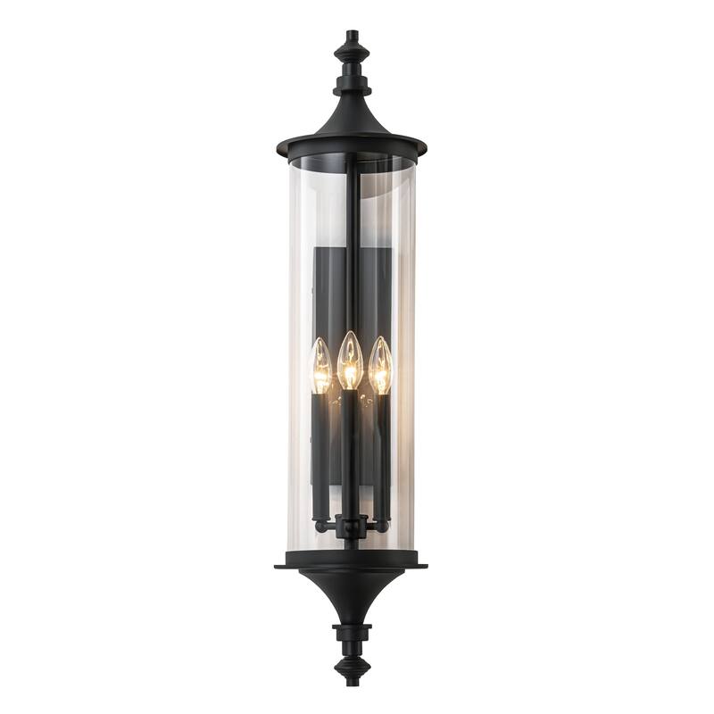 32.7" H 3-Light Industial Black Outdoor Hardwired Wall Lantern Sconce with Cylindrical Clear Glass for Home Outside