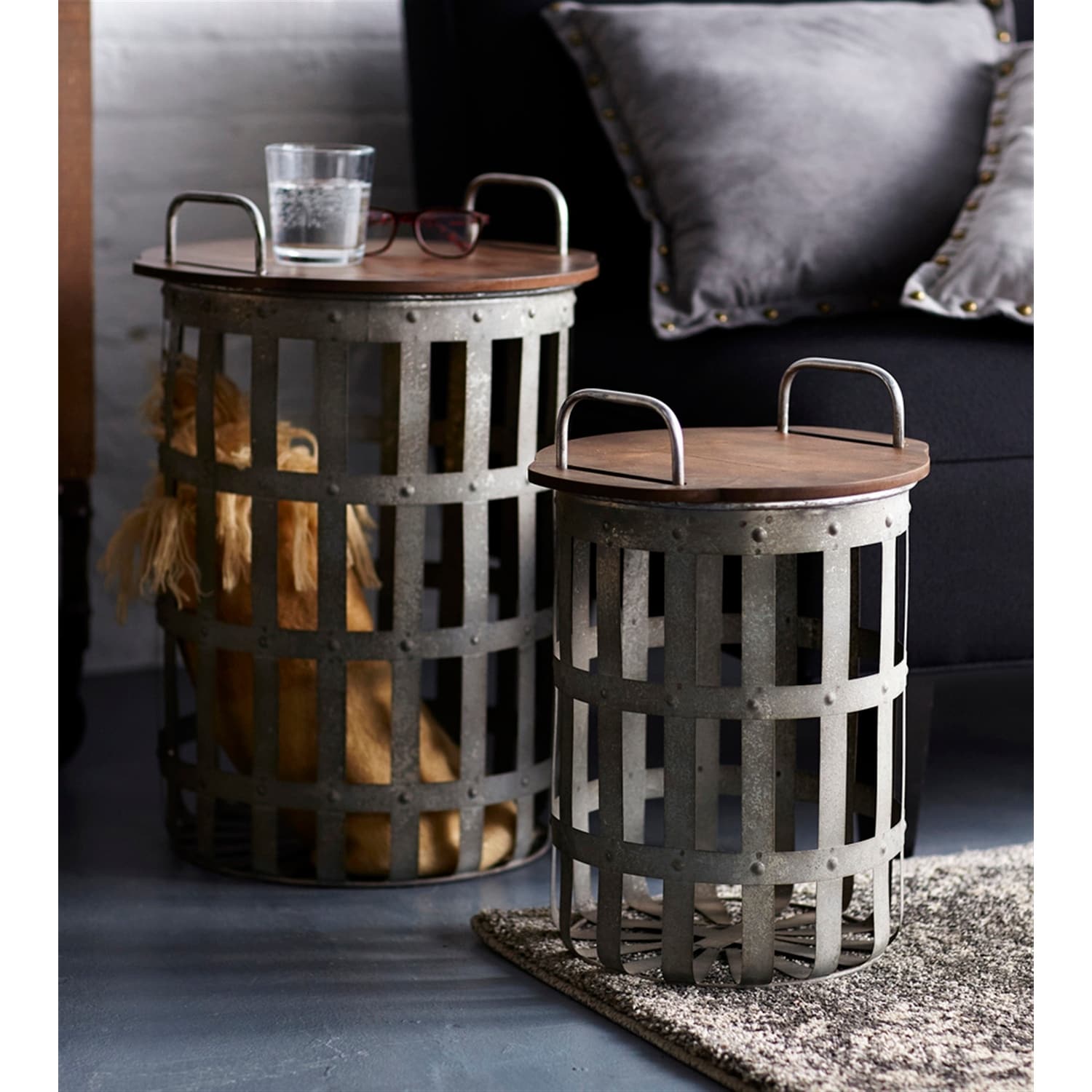 Metal Wood Side Tables Set of 2 - Rustic Accent Tables for Living Room, Bedroom, Patio - 20.25