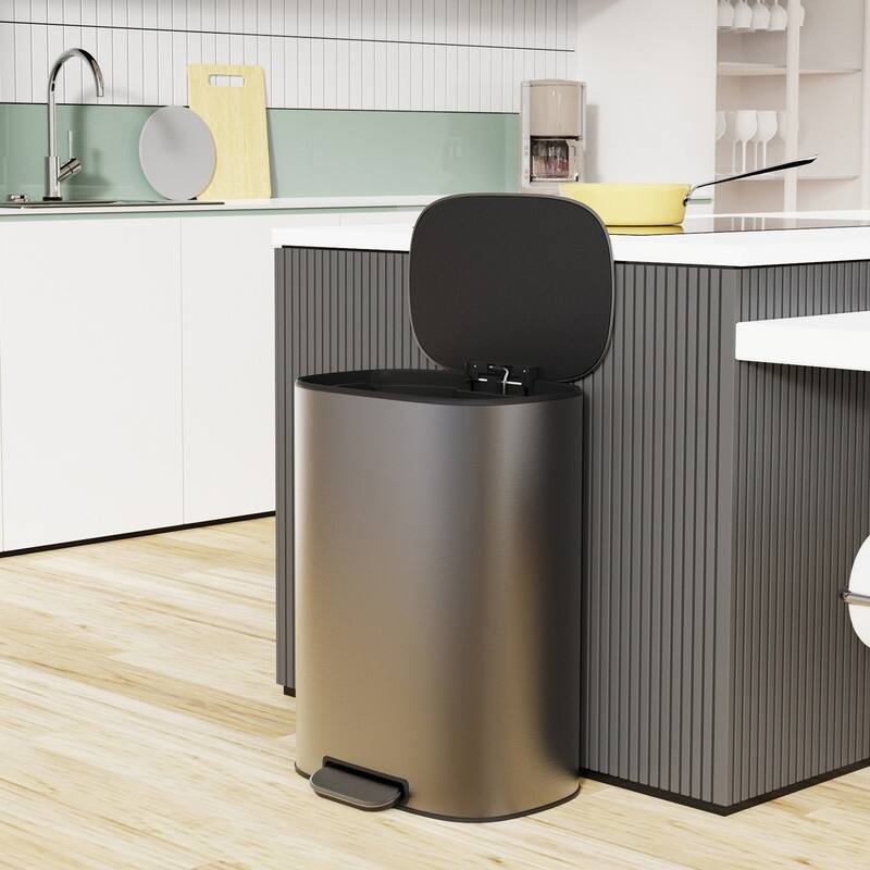 Black Grey 13 Gallon 50L Step-on Kitchen Trash Can with Soft Close for Home,Office