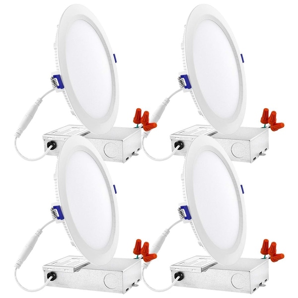 Luxrite 8 Inch Ultra Thin LED Recessed Light with J-Box, 25W, 2200 Lumens, 0-10V Dimmable, IC & Damp Rated (4 Pack). Opens flyout.