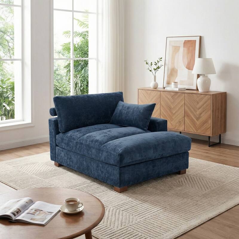 Mid-Century Chenille Adjustable Headrest Chaise Lounge Sofa