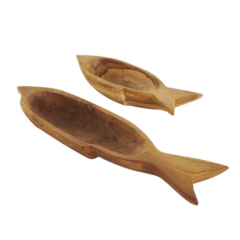 Teak Wood Fish Handmade Carved Living Room Decor Tray - Set of 2 Brown - Roche River Decor