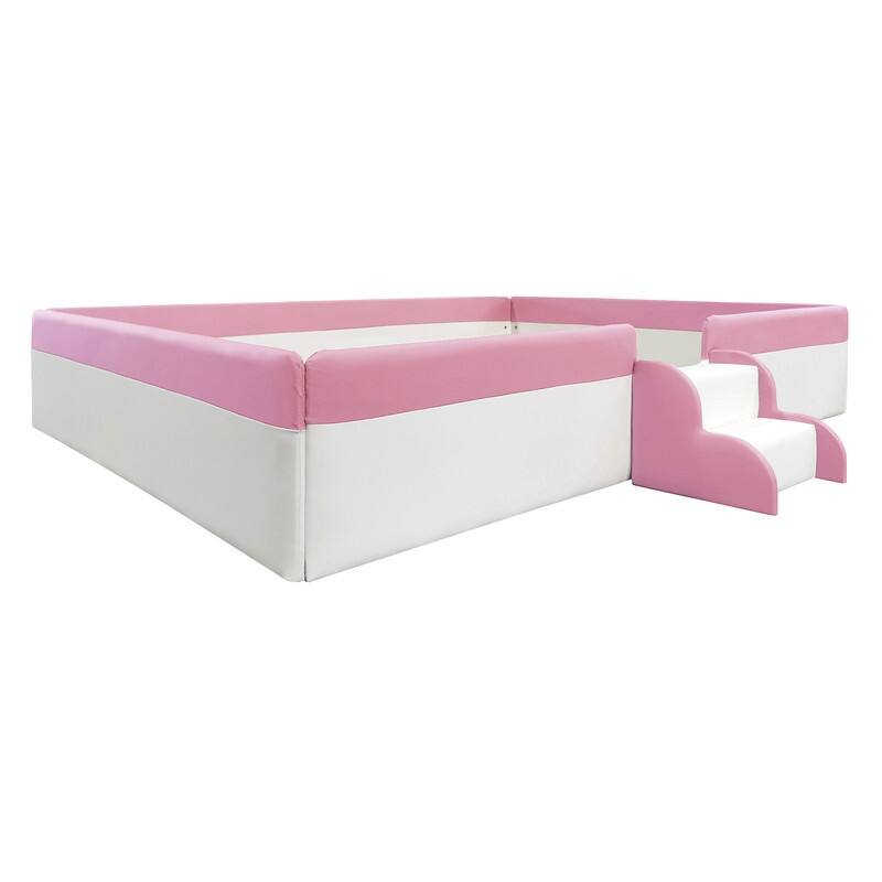 Twin/ Full/ Queen/ King Size Upholstered Kids Floor Bed Frame with Guardrail and Little Stairs, Soft PU Platform Bed