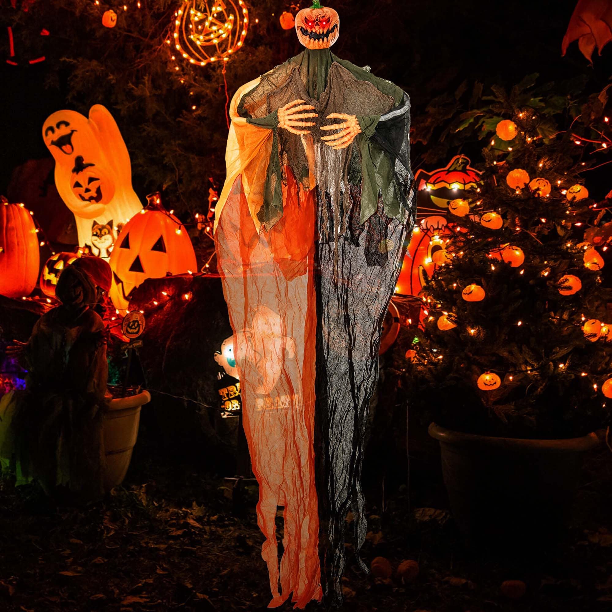 Costway 6 FT Light-up Hanging Pumpkin Ghost with Red Glowing Eyes &