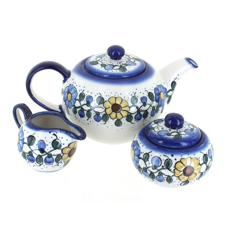 Blue Rose Polish Pottery 1700 WR Unikat 3 Piece Tea Set