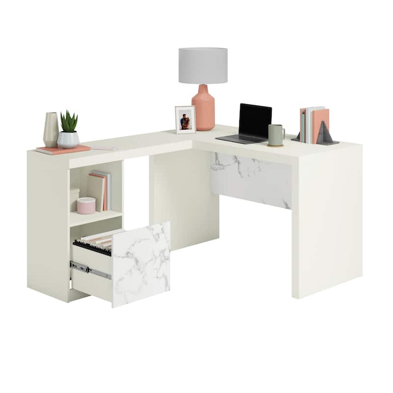 Wood L-Shaped Desk with File Drawer, White