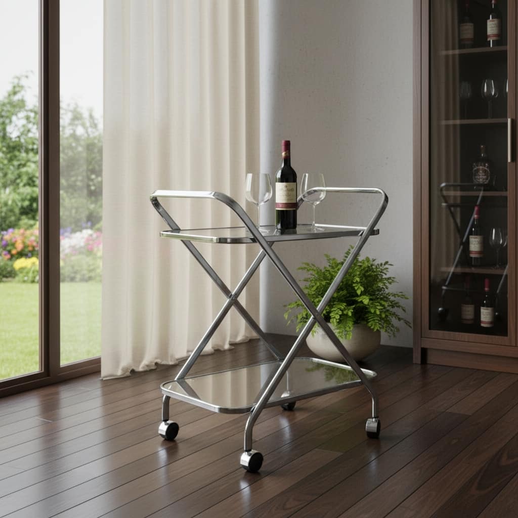HomeRoots 26" Silver Metal and Glass Rolling Bar Cart - 26.25 in. x 30.50 in. x 16.50 in.