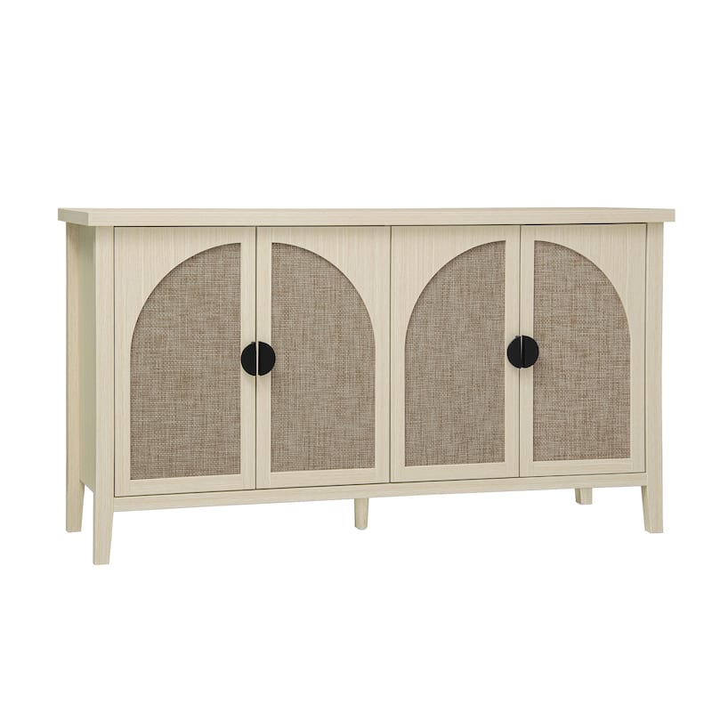 Roomfitters Rattan 4 Door Storage Cabinet, Sideboard Buffet Accent Cabinet with Adjustable Shelves, Natural
