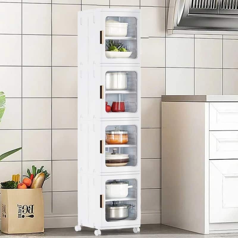 Foldable Slim Rolling Storage Cabinet with Doors, 4-Tier Plastic Organizer Tower with Wheels for Bathroom or Kitchen - White