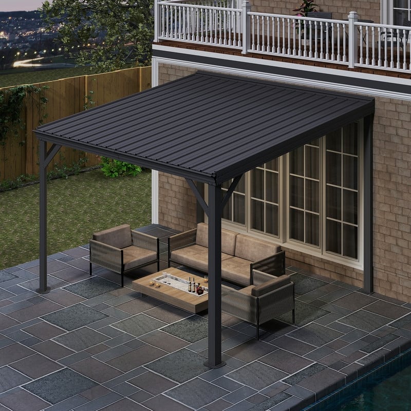 Domi Lean to Gazebo, Outdoor Hardtop Wall Mounted Gazebo with Sloping Galvanized Steel Roof - 10x10 FT
