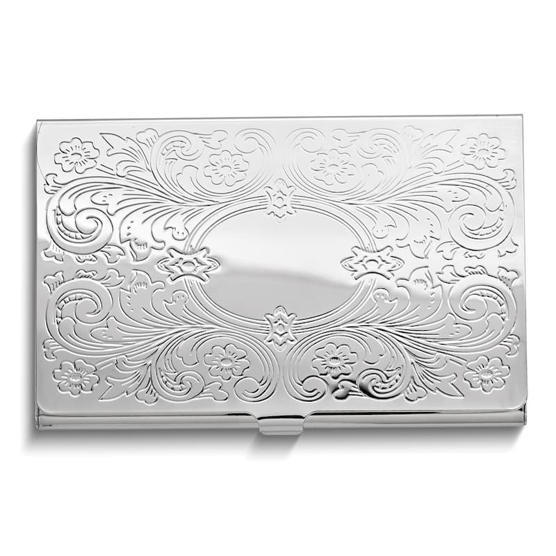 Curata Silver-Tone Fancy Scrolled Design with Engraving Area Business Card Case
