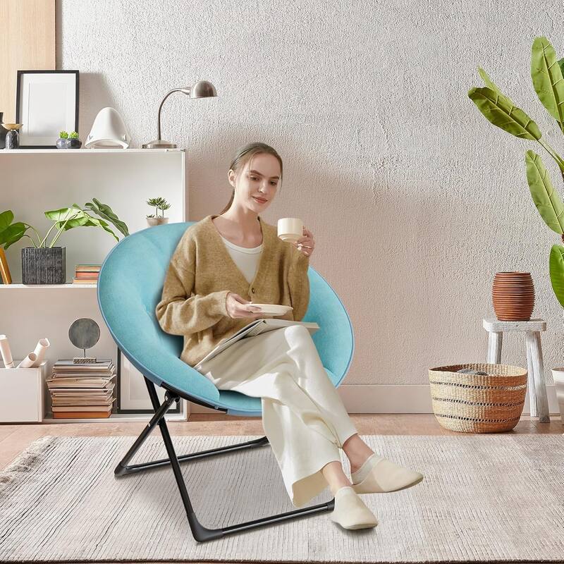 Comfy Folding Saucer Chair for Bedroom, Faux Fur Lounge Moon Chair with Sturdy Metal Frame, Oversized Plush Flower