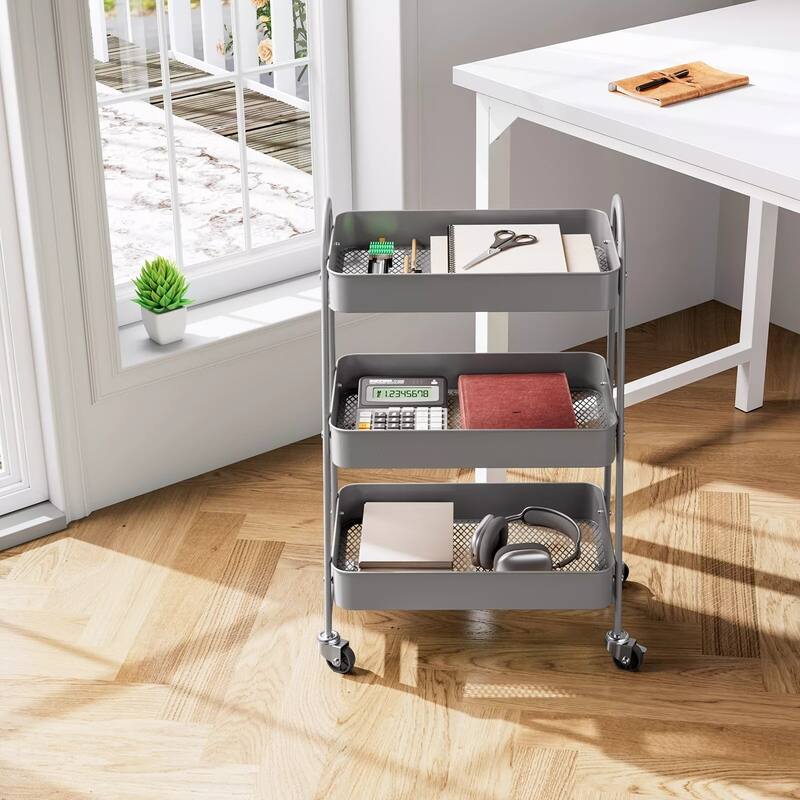 3-Tier Metal Rolling Utility Cart Multifunctional Organizer with Handle and Lockable Wheels - 17.4"D x 12.04"W x 31.02"H