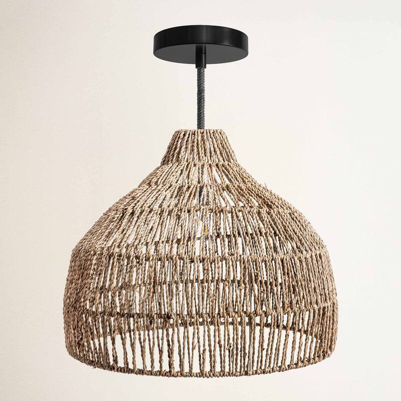 Dreamy Palm Fibers Pendant Light - Natural Dome 1-Light Handwoven Rattan Hanging Light For Modern, Boho, Farmhouse Room Decor - 24" - 48" Black Hardwire