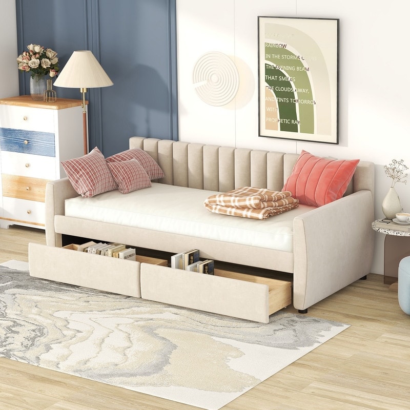 Upholstered daybed with storage clearance drawers