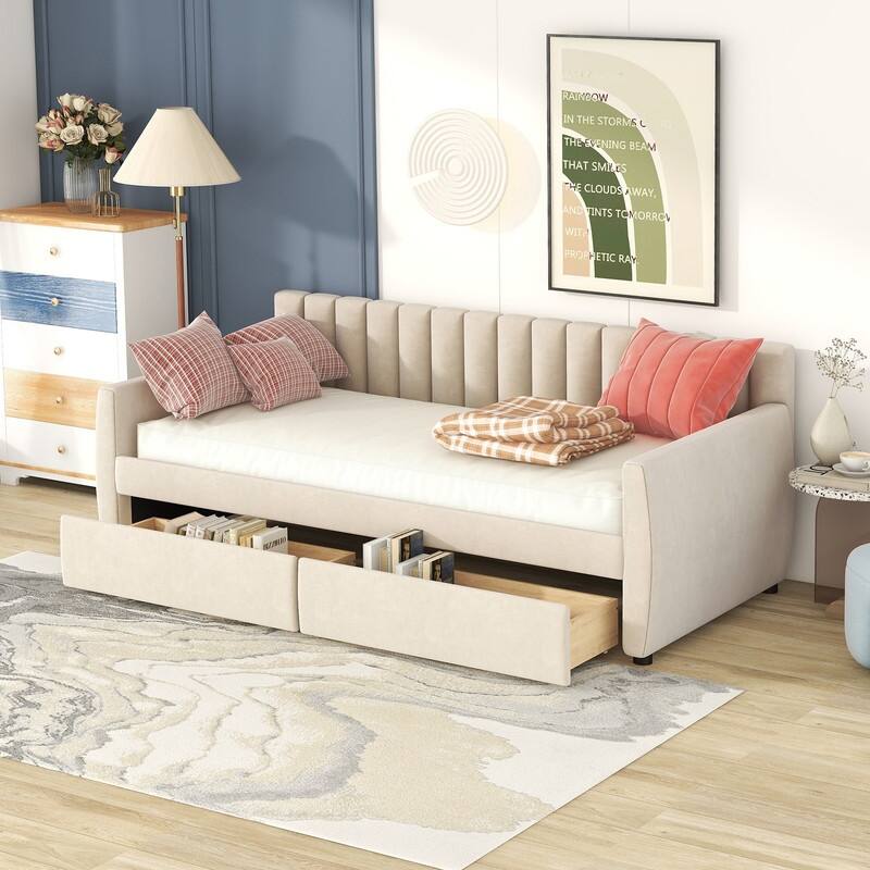 Velvet Upholstered Daybed with 2 Storage Drawers/ Trundle - Beige Drawer - Twin