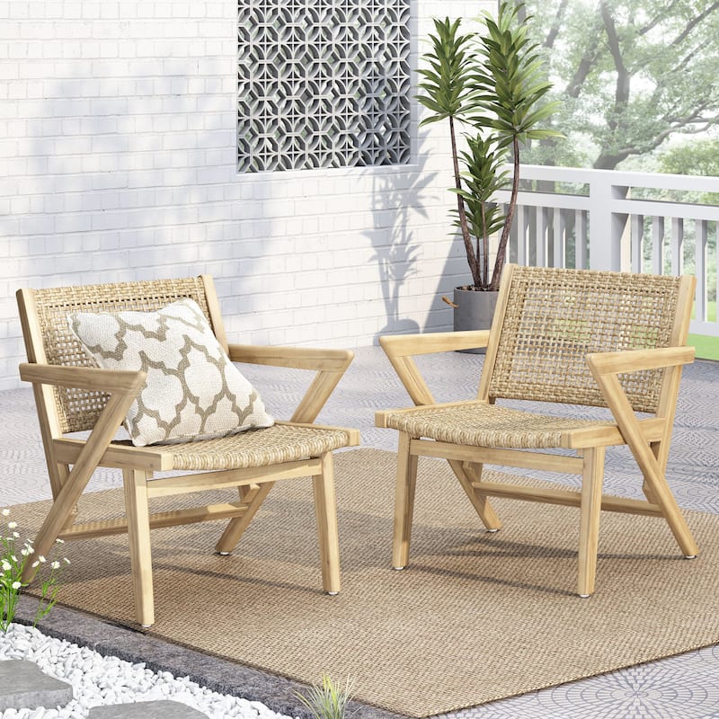 Roomfitters Mid-Century Woven Lounge Chairs with Angled Wood Frame, Patio Seating Set of 2, Natural Beige