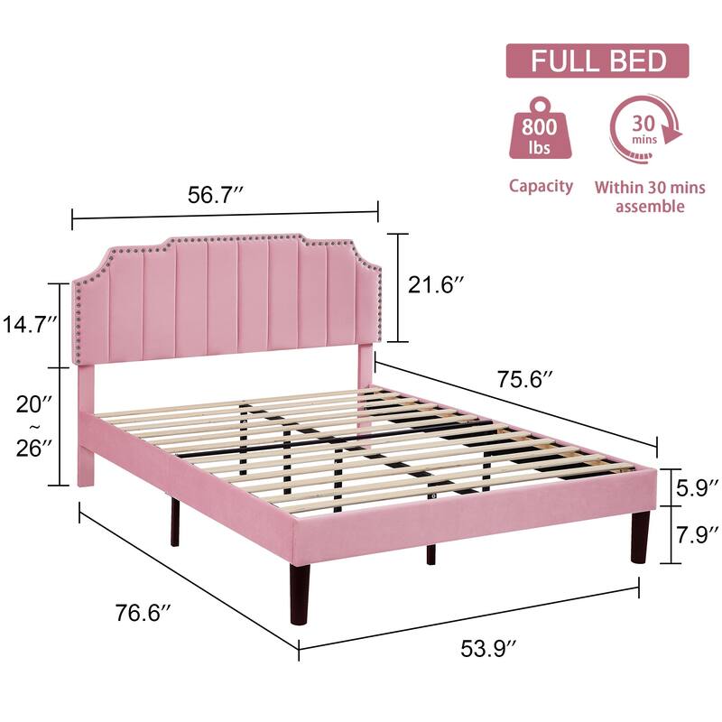 VECELO Upholstered Bed Frame with Nailhead Trim Adjustable Height Headboard, Twin/Full/Queen Size Bedframes