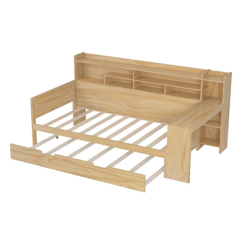 All-in-one Captains Bed Wooden Daybed U-shape Bookcase Bed with Pull-out Trundle Bed and Side Study Desk for Bedroom