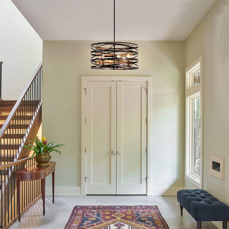 6-Light Modern Farmhouse Drum Pendant Black Metal Drum Chandelier
