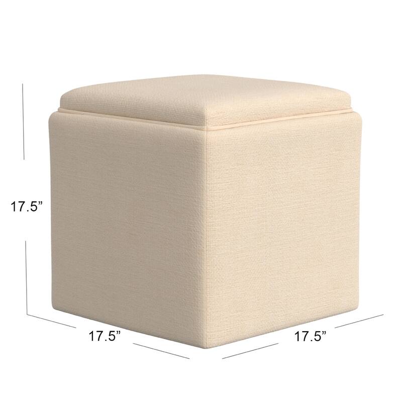 Soa 18 Inch Square Tray-Top Storage Ottoman in Soft Beige Woven Fabric