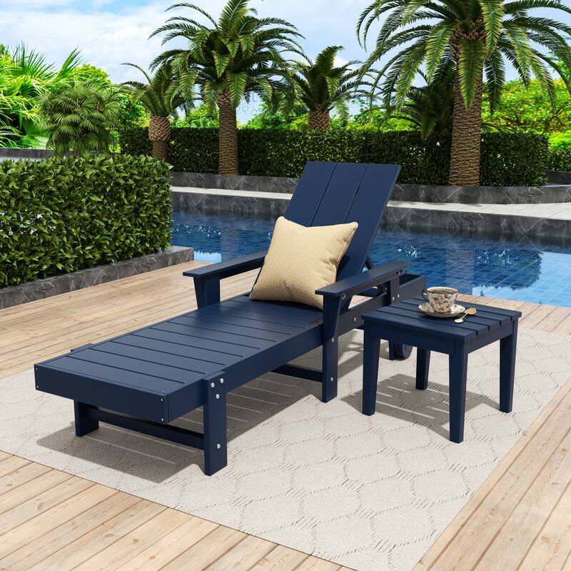 Polytrends Shoreside Modern Poly Eco-Friendly All Weather Reclining Chaise Lounge With Arms, Wheels, & Side Table (2-Piece Set)