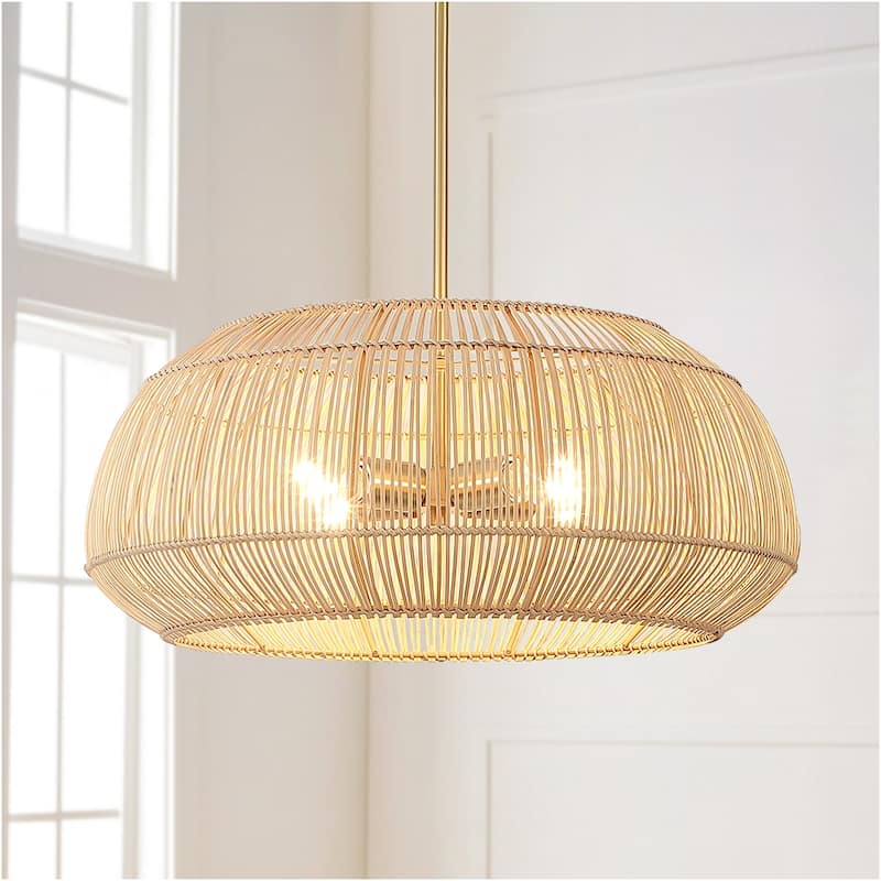 4 - Light Rattan Pendant Chandelier with Brass Canopy - 22 in - 22 in