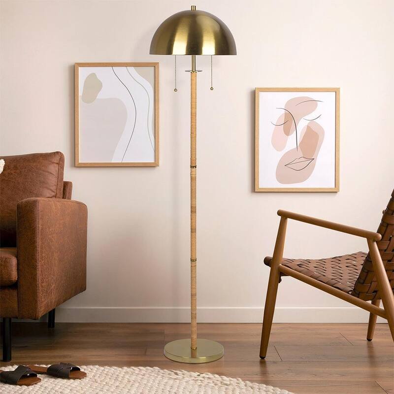2-Light Floor Lamp, Gold Brass, Natural Rattan Tube , Double On/Off Pull Chain