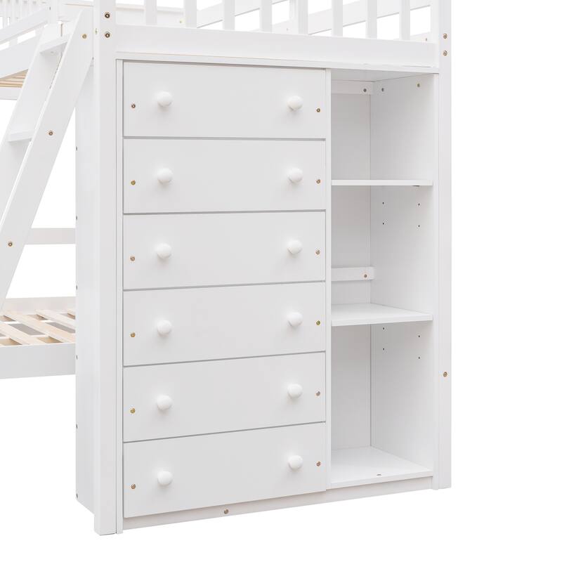 Wooden Twin Over Full Bunk Bed With Six Drawers And Flexible Shelves