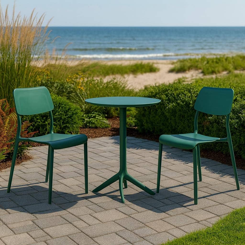 Rimo 3-Piece Contract Grade Outdoor Bistro Set with 2 stackable lounge chairs and 22.5" Dining Table.