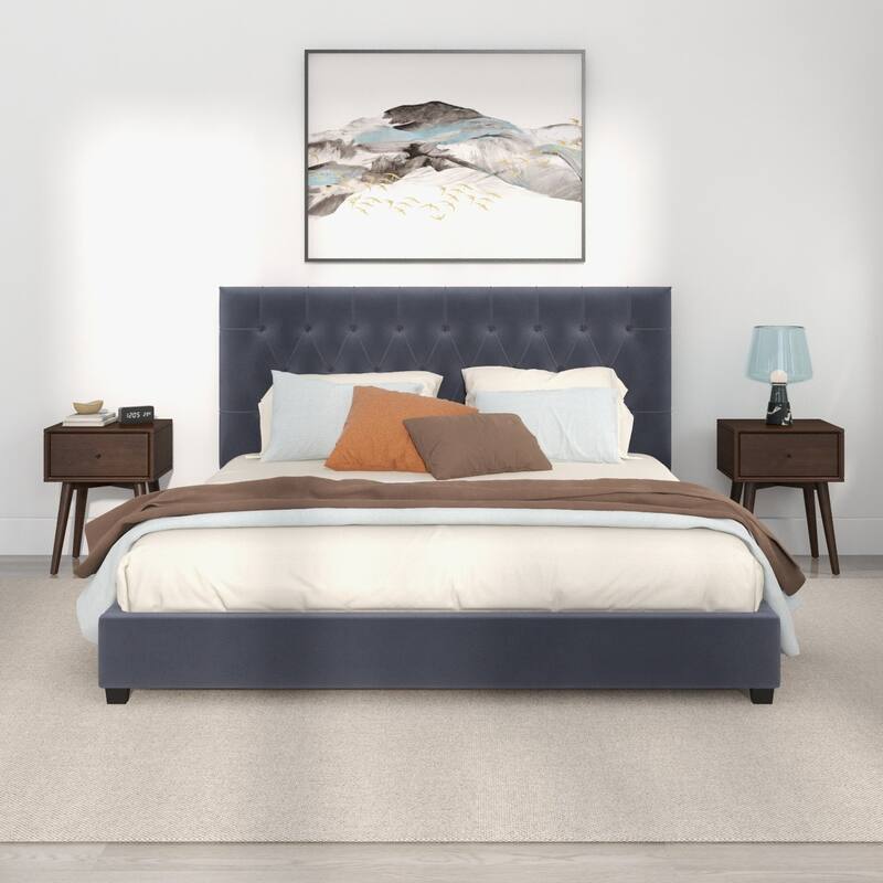 King Size Mid-Century Modern Grey Velvet Platform Bed with Elongated Tufted Headboard and Solid Wood Frame - Grey - King