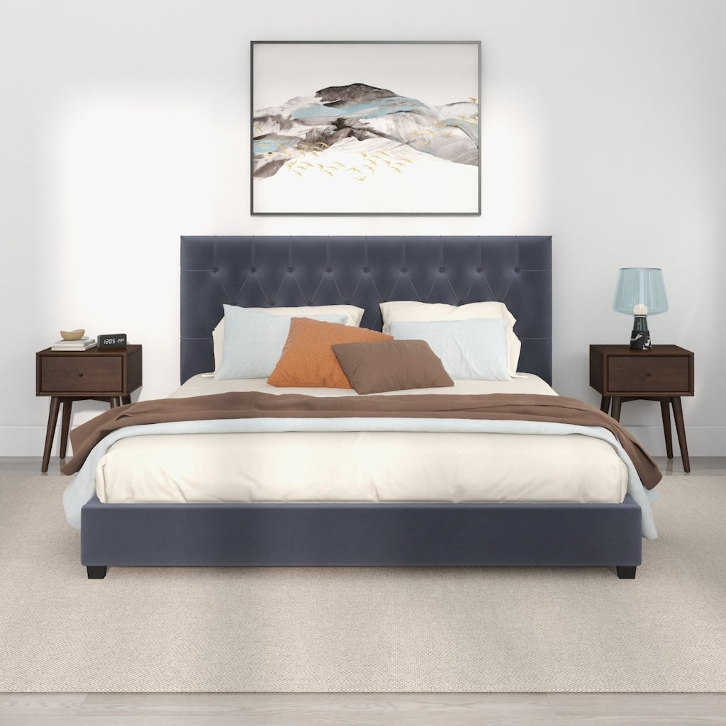 King Size Mid-Century Modern Grey Velvet Platform Bed with Elongated Tufted Headboard and Solid Wood Frame
