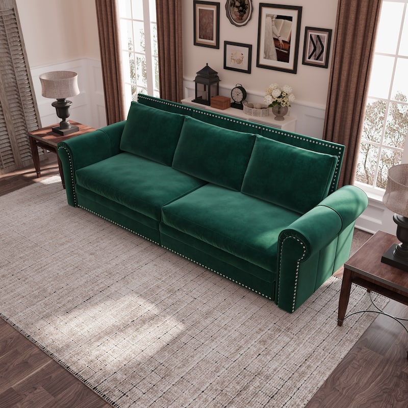 93.7" King Pull Out Sofa Bed w/ Nailhead Trim & Rolled Arm for Living Room Bedroom - Green