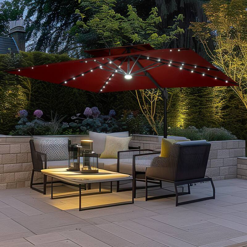9 FT x 11 FT Outdoor Double Top LED Lighted Patio Cantilever Umbrella