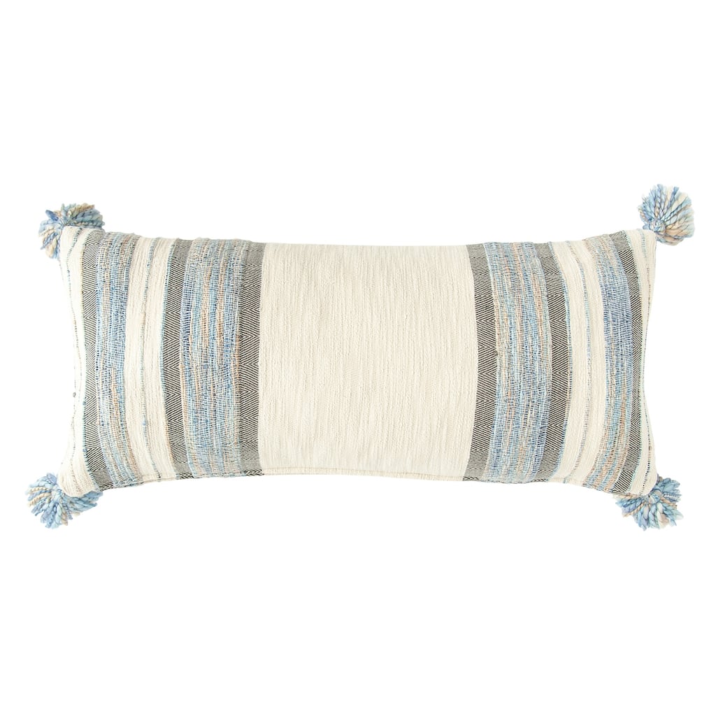 Blue, Grey & Cream Striped Cotton Blend Lumbar Pillow with Tassels