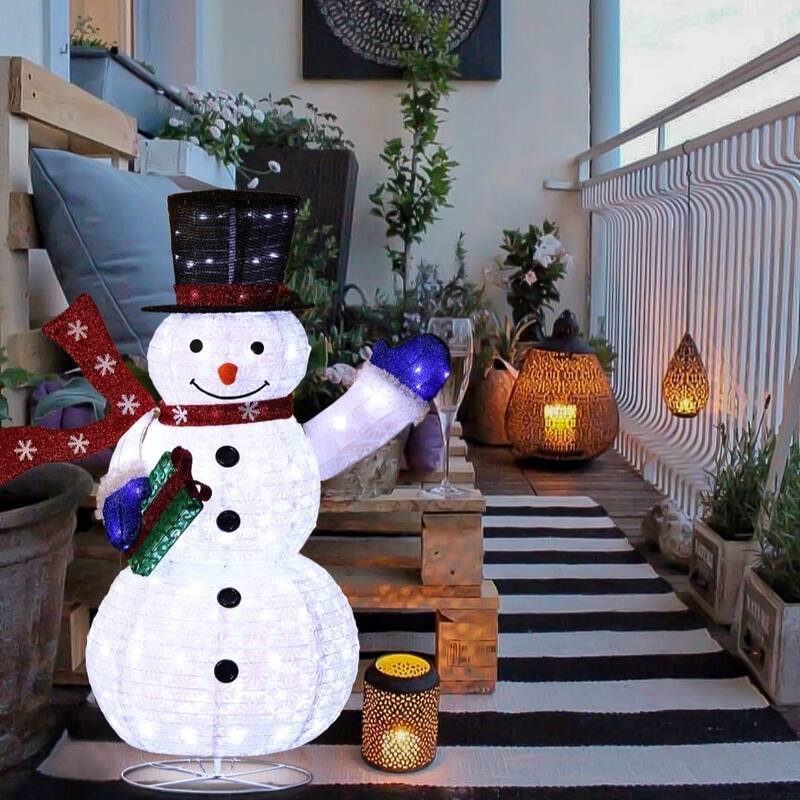 Snowman with Gift Lighted Winter Holiday Yard Decoration - White