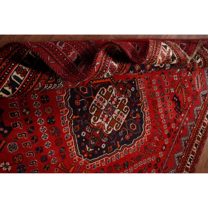 Hand Knotted Oriental 100% Wool Carpet Traditional Tribal Red Shiraz Area Rug - 9' 8'' X 6' 7''